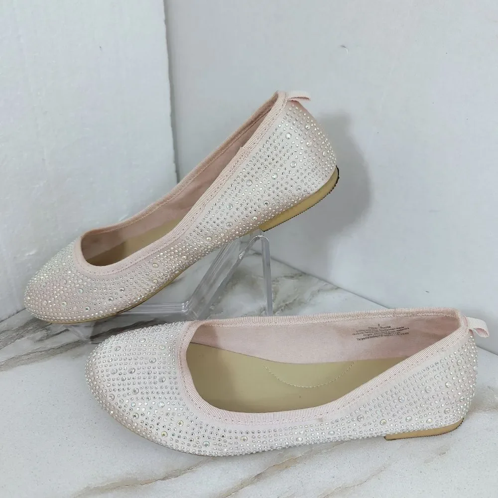 Cat & Jack Girls' Pale Pink Diamante Rhinestone Sparkly Ballet Flats, Sz 5